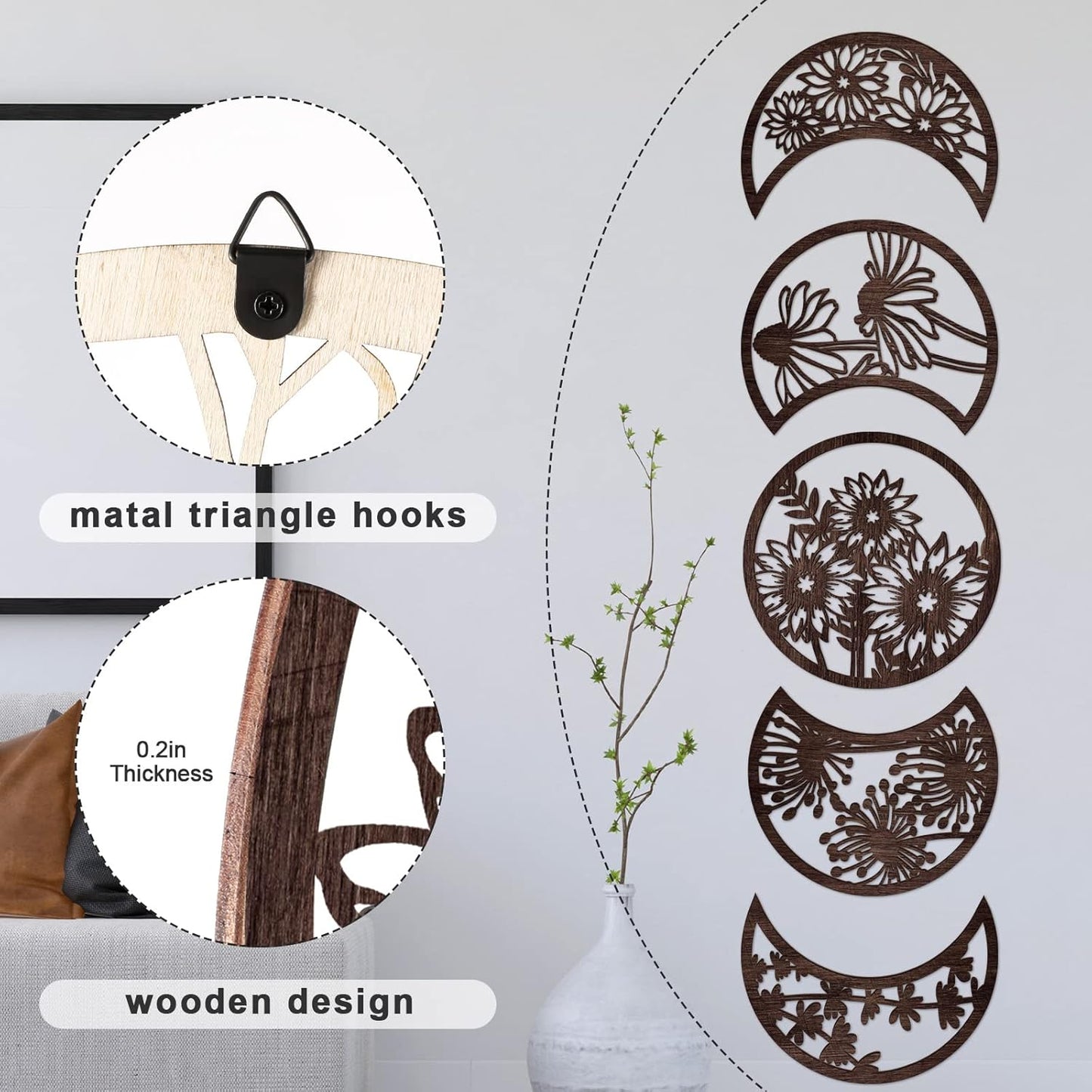 Jetec 5 Pcs Moon Phase Wall Art Decor Wall Pediments Hanging Wooden Phase Spiritual Bedroom Nordic Boho Lunar Aesthetic Art for Living Room Dorm Apartment Ornament(Brown,10.6 Inch,Botanical)