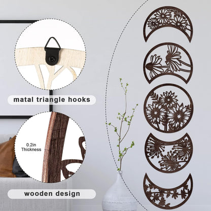 Jetec 5 Pcs Moon Phase Wall Art Decor Wall Pediments Hanging Wooden Phase Spiritual Bedroom Nordic Boho Lunar Aesthetic Art for Living Room Dorm Apartment Ornament(Brown,10.6 Inch,Botanical)