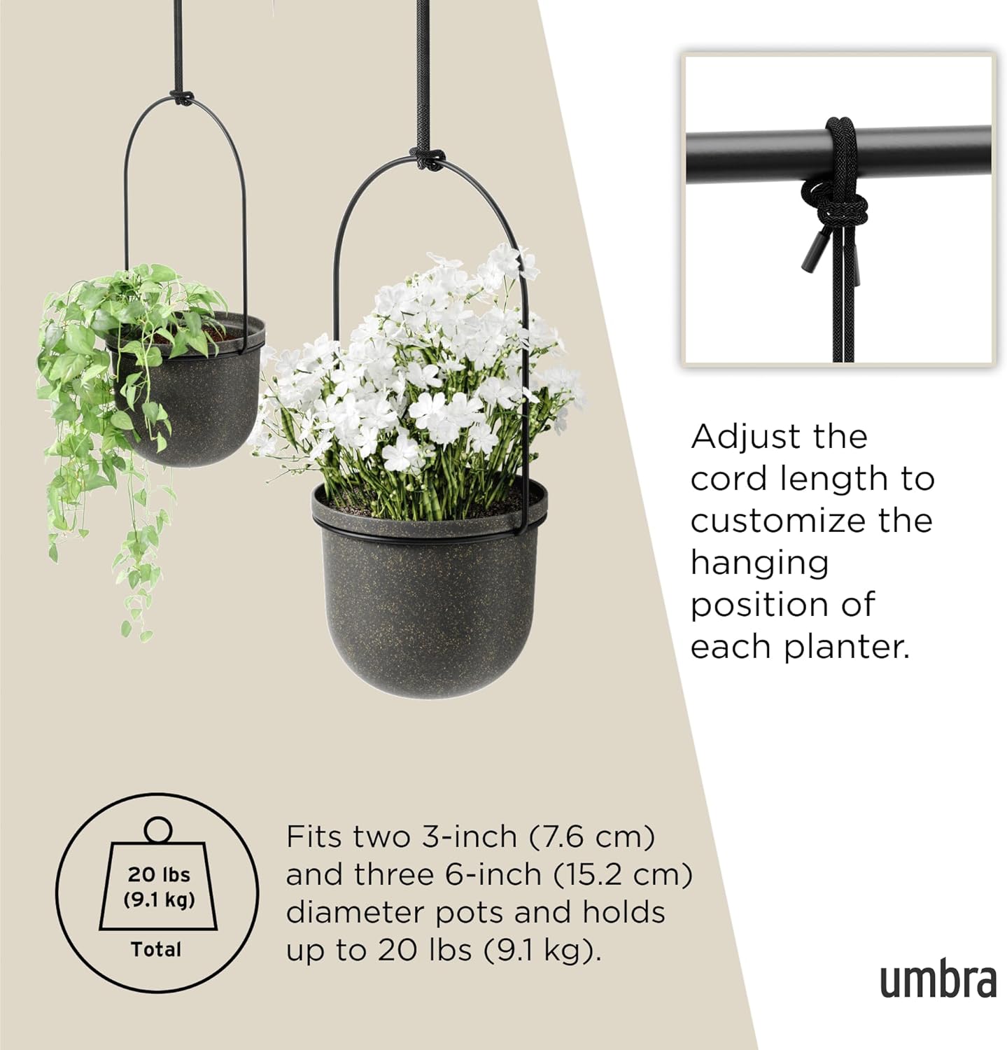 Umbra Triflora Hanging Planter for Window, Indoor Herb Garden, Set of 3, White/Black