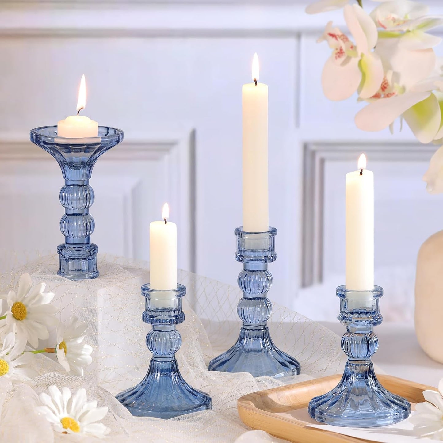 DARJEN 6Pcs Gold Candlestick Holders Set - 4" H & 5" H Striped Taper Candle Holders Bulk, Glass Candle Holders for Wedding, Festival, Party, Table Centerpiece, Gifts