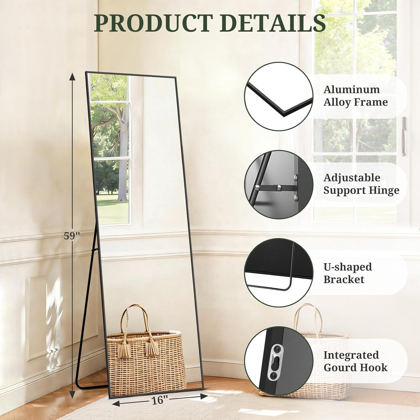 Mirror Full Length 64"x21" Full Body Floor Mirror with Stand, Shatterproof Glass, Aluminum Alloy Frame, Free Standing Wall Mounted or Leaning Arched Mirrors for Bedroom Living Room Entryway