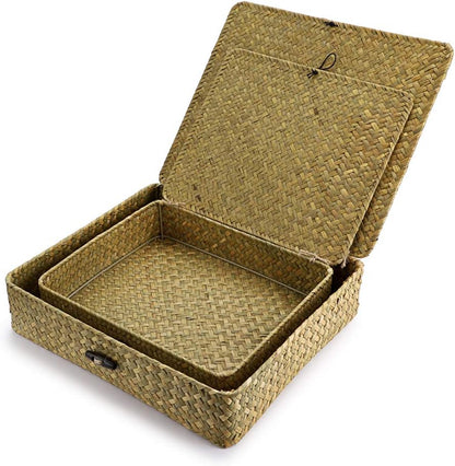 Hipiwe Set of 2 Flat Woven Wicker Storage Bins with Lid Natural Seagrass Basket Multipurpose Home Boxes for Shelf Organizer (Coffee)