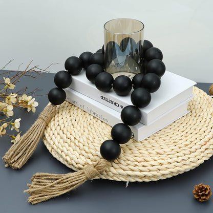 Farmhouse Decor Large Wood Bead Garland 50inch long with 1.6" Diameter beads, Natural Wooden Beads Decor with Tassels Decorative Boho Country Decoration for Coffee Table Home Tiered Tray Wall Hanging