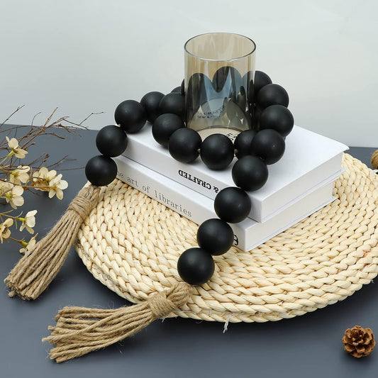 Farmhouse Decor Large Wood Bead Garland 50inch long with 1.6" Diameter beads, Natural Wooden Beads Decor with Tassels Decorative Boho Country Decoration for Coffee Table Home Tiered Tray Wall Hanging