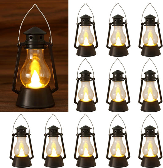 12Pcs LED Mini Vintage Lanterns Decor Indoor Decorative Outdoor Hanging Lantern Decorative Small Candle Lanterns Farmhouse Decor for Wedding Centerpiece,Halloween,Christmas,Farmhouse Decorative