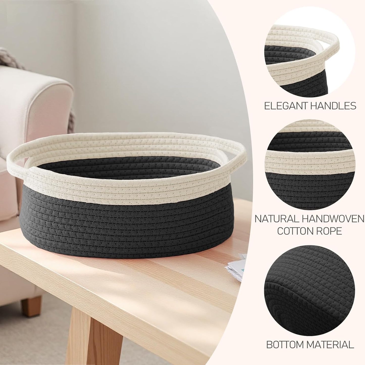 JMvicyroam Woven Basket,Small Rope Storage Bin with Handles & Ribbon Bag, Organizer for Shelves Closets,Gift Basket Empty for Birthday,Books,Dog Toys,White