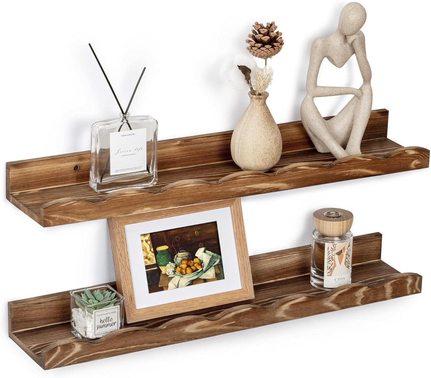 Fun Memories Picture Ledge Shelf for Wall, 24 inch Pine Wood Nursery Book Shelves Set of 2- Wall Book Shelves for Kids Room, Home Decor - Kitchen Spice-White
