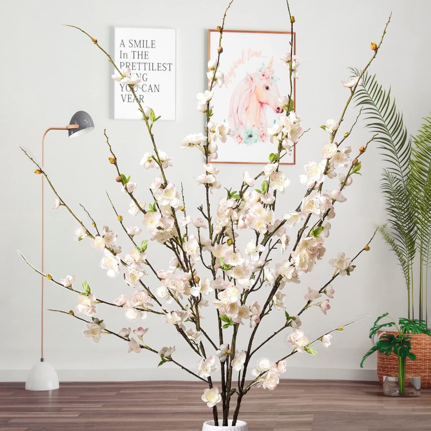 florisso 6 PCS Artificial Cherry Blossom Branches Spring Indoor Decoration, Faux Flowers 34.45" Long Stems Plum Fake Peach Plants Real Touch Silk for Wedding Home Bedroom Party Table Office, White
