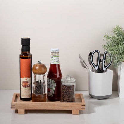 Decorative Tray Small Pedestal Stand Farmhouse Bathroom Decor Wooden Riser Display Stand for Vanity, Kitchen Countertop, Sink, 9.4 * 4.7 White
