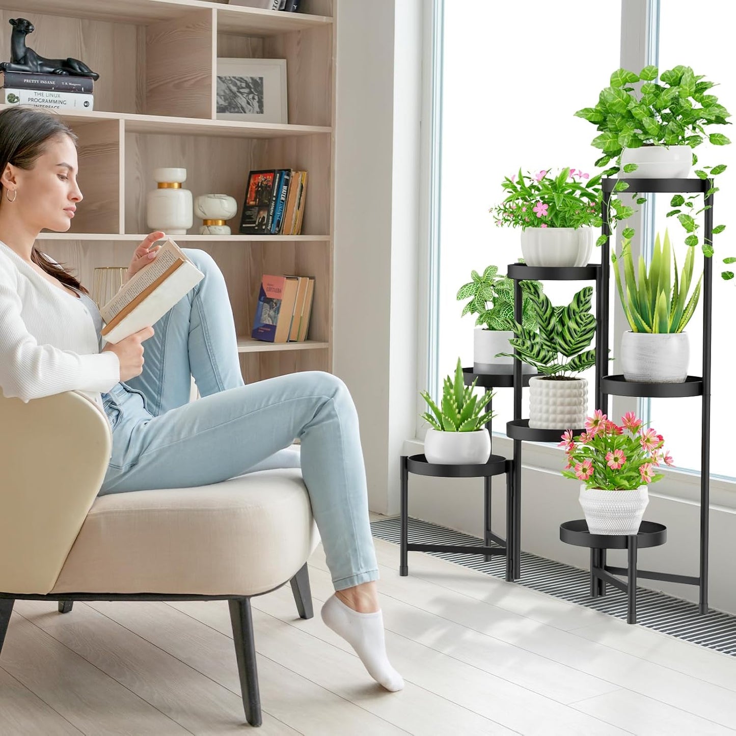 iDavosic.ly Plant Stand Indoor Outdoor, 5 Tier Corner Metal Flower Display Holder Shelf, Folding Tall Orchid Rack for Patio Balcony Porch Garden Living Room House, Black