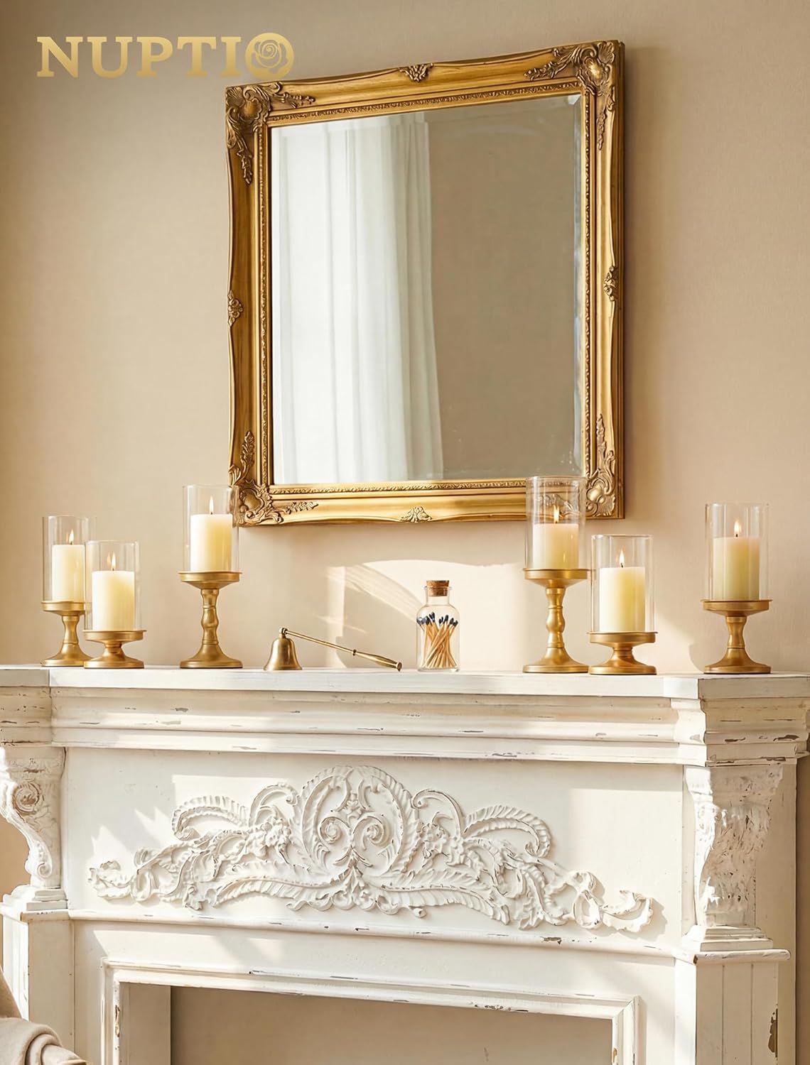 NUPTIO Hurricane Glass Candle Holders: Pillar Candle Stand with Open Ended Chimney - Set of 3 Gold Metal Candleholder for Fireplace Dining Table Centerpiece
