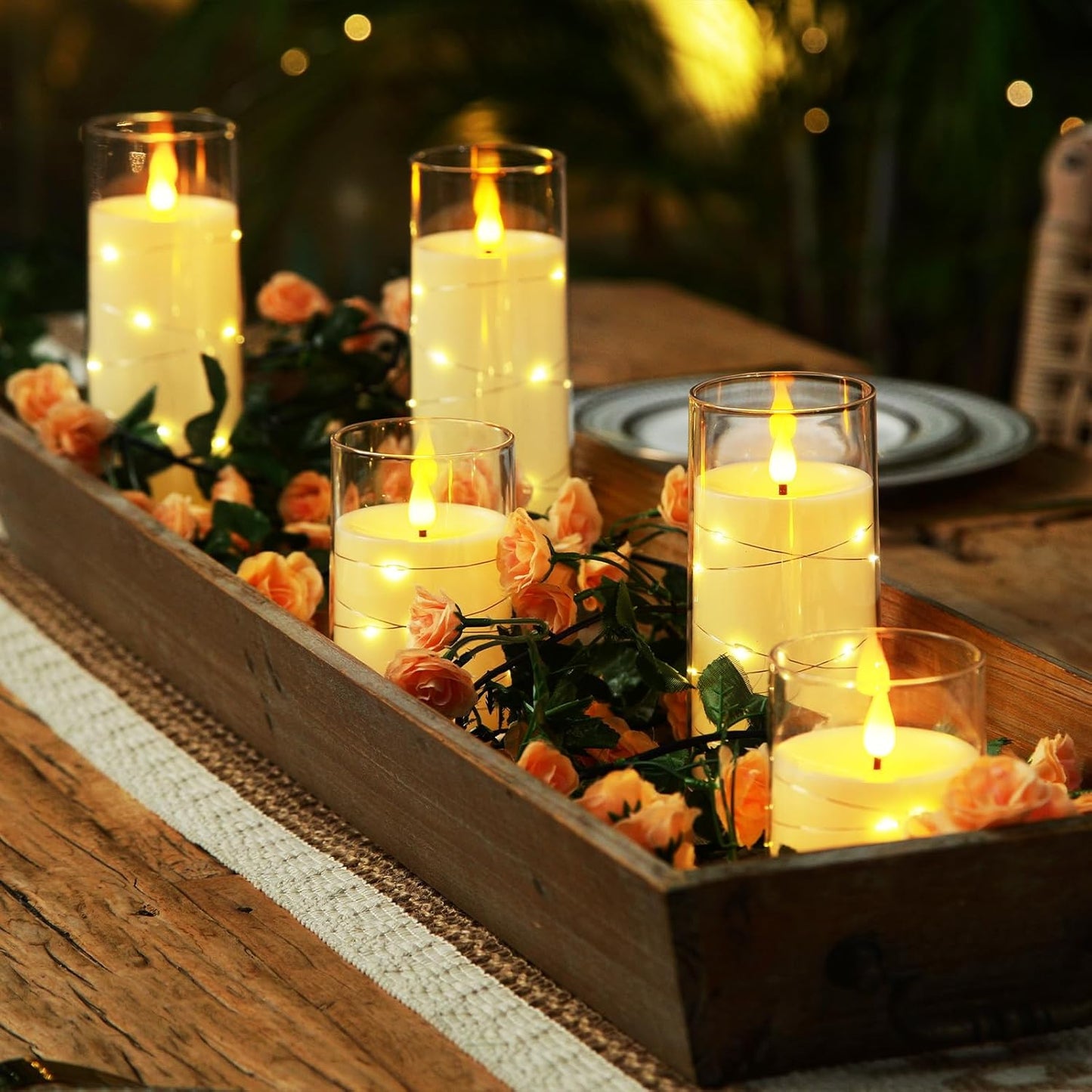 Homemory Flameless Candles with Embedded Star String Fairy Lights, Battery Operated Candles, LED Candle, Fake Candles with Remote Control and Timer for Halloween, Gray Acrylic, Set of 5(H4"5"6"8"8")