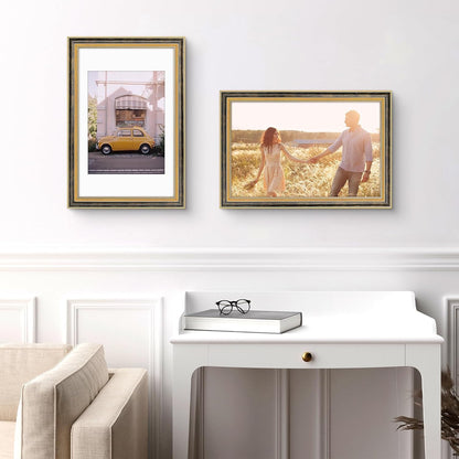 Golden State Art,11x14 Ornate Picture Frame for 8x10 Photo with Mat or 11 x 14 Prints without Mat,Real Glass Wall Display(Color:Green Gold)