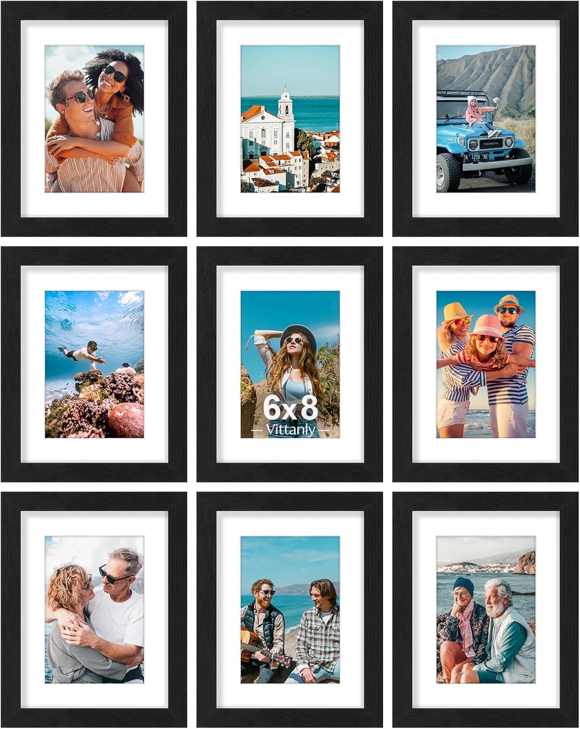 Vittanly 8x10 Picture Frames Set of 9, Shatter Resistant Plexiglass, Display 5x7 Pictures with Mat or 8x10 without Mat, Photo Frames for Wall or Tabletop, Engineered Wood, Black - Colors A