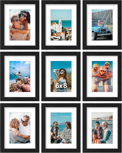 Vittanly 8x10 Picture Frames Set of 9, Shatter Resistant Plexiglass, Display 5x7 Pictures with Mat or 8x10 without Mat, Photo Frames for Wall or Tabletop, Engineered Wood, Black - Colors A