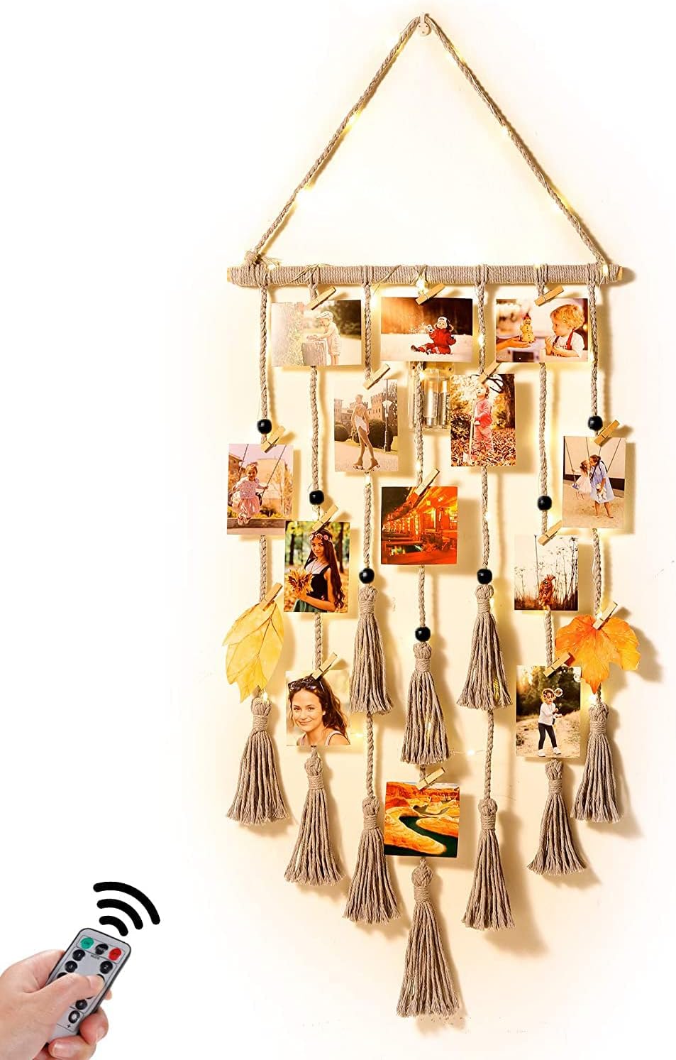 Homecor Hanging Photo Display Wall Decor, Macrame Wall Hanging Boho Room Bedroom Decor, Picture Frame Collage Board with Light 30 Clip, Christmas Teenage Teen Girl Gifts Ages 10 11 12 13 14 Years Old