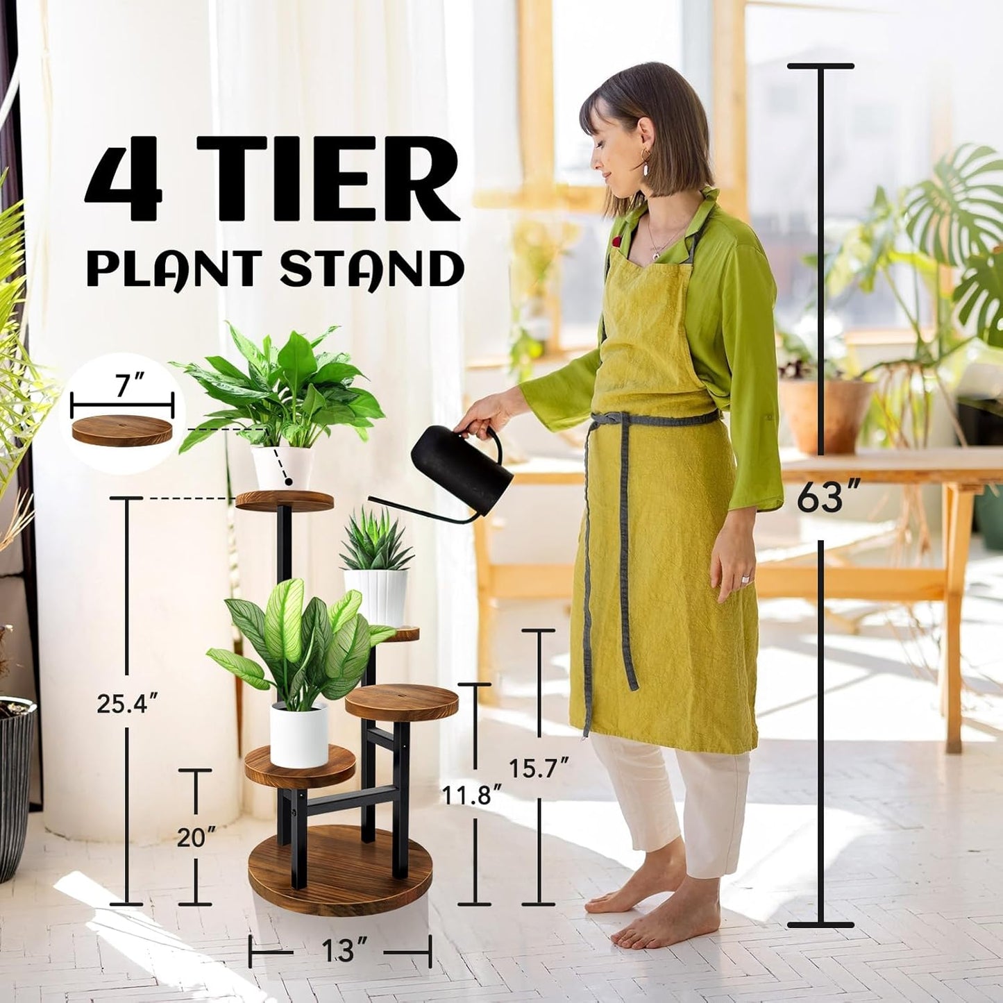 AUGOSTA 3 Tier Plant Stand, Tall Metal Wood Shelf Holder for Indoor, Outdoor Display Rack Flower Pot Stand for Corner Living Room Balcony Garden Patio