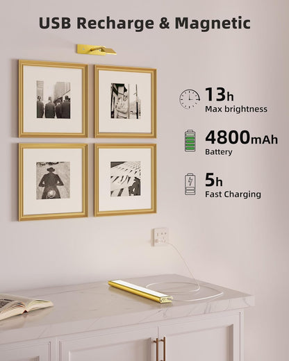 EZVALO Picture Light for Wall, 4800mAh Rechargeable Wireless Remote, 16in Dimmable Magnetic LED Art Display Light with 3 Color Temperatures, for Gallery, Living Room, Bedroom, Hallway (Gold)