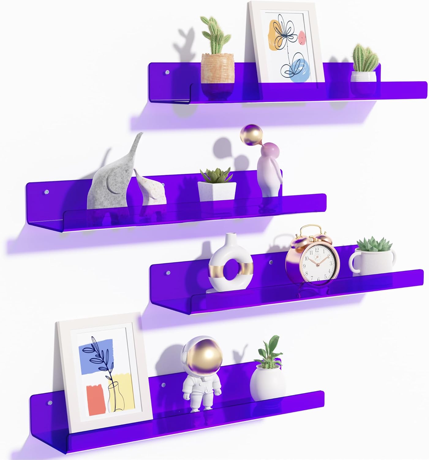upsimples Acrylic Shelves for Bathroom Storage, 15" Floating Shelves Wall Organizer for Perfume, Make up, Skincare, Kids Bookshelf for Bedroom, Nursery, Living Room Decor, Clear, 4 Pack