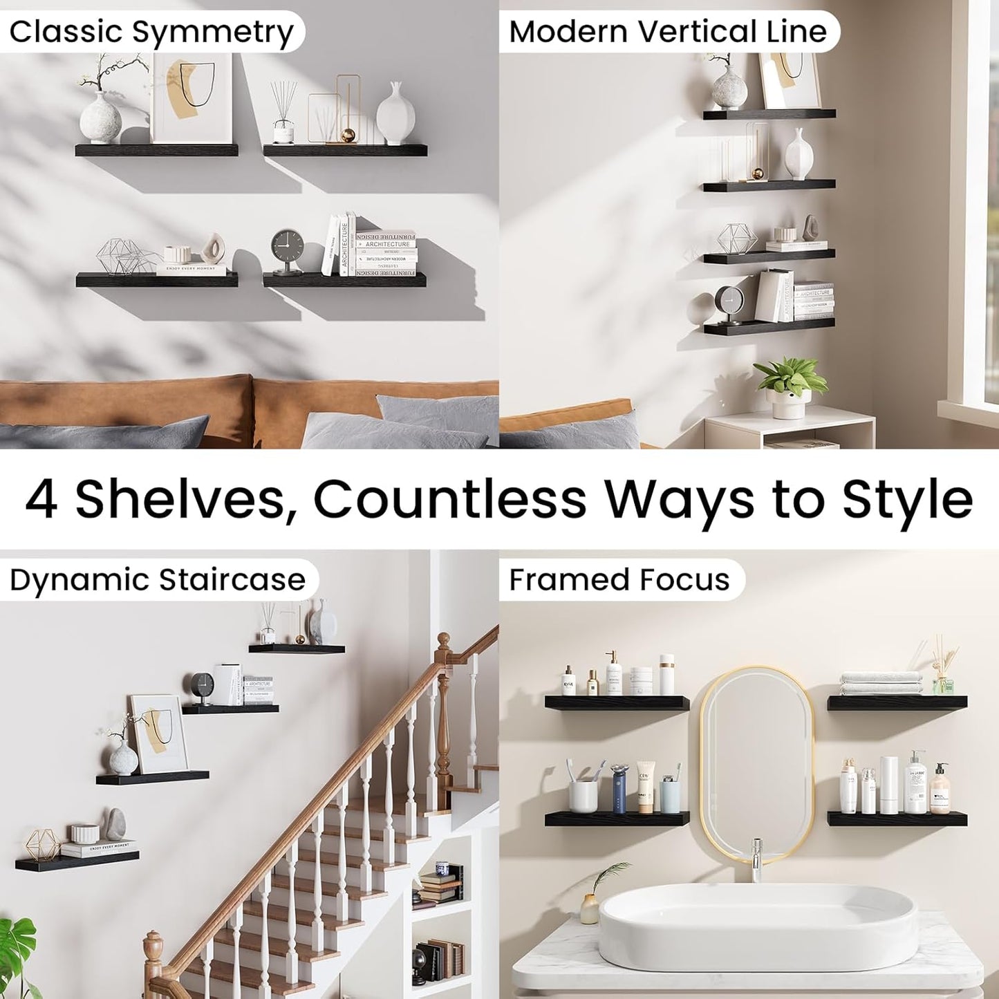 BAYKA Floating Shelves for Wall, Set of 3, Wall Mounted Rustic Wood Shelves for Bathroom, Bedroom, Living Room, Kitchen, Small Hanging Shelf for Books/Storage/Room Decor, Walnut-Like, 15.7in
