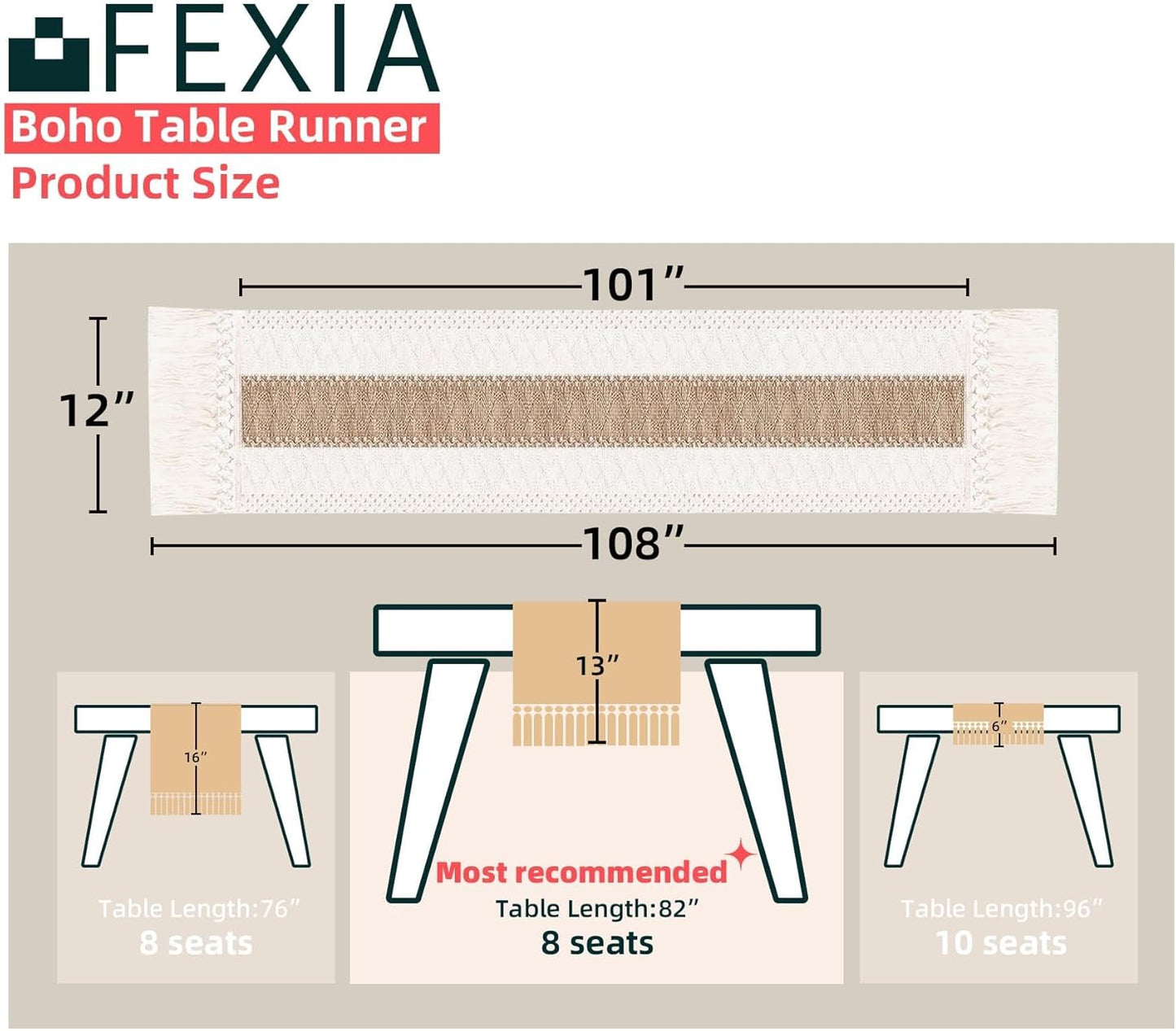 FEXIA Boho Table Runner for Thanksgiving Fall Christmas Home Decor with Tassels 72 Inches Long Pottery barn Furniture Farmhouse Rustic Macrame Burlap Table Decoration for Living Room (12x72 Inches)