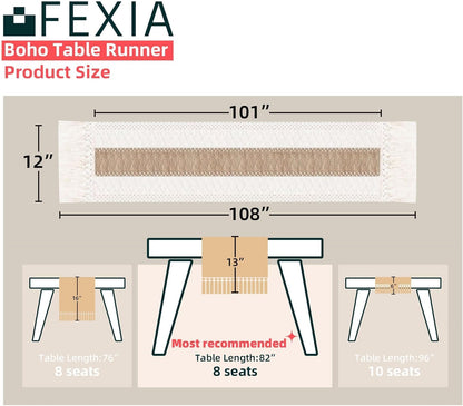 FEXIA Boho Table Runner for Thanksgiving Fall Christmas Home Decor with Tassels 72 Inches Long Pottery barn Furniture Farmhouse Rustic Macrame Burlap Table Decoration for Living Room (12x72 Inches)