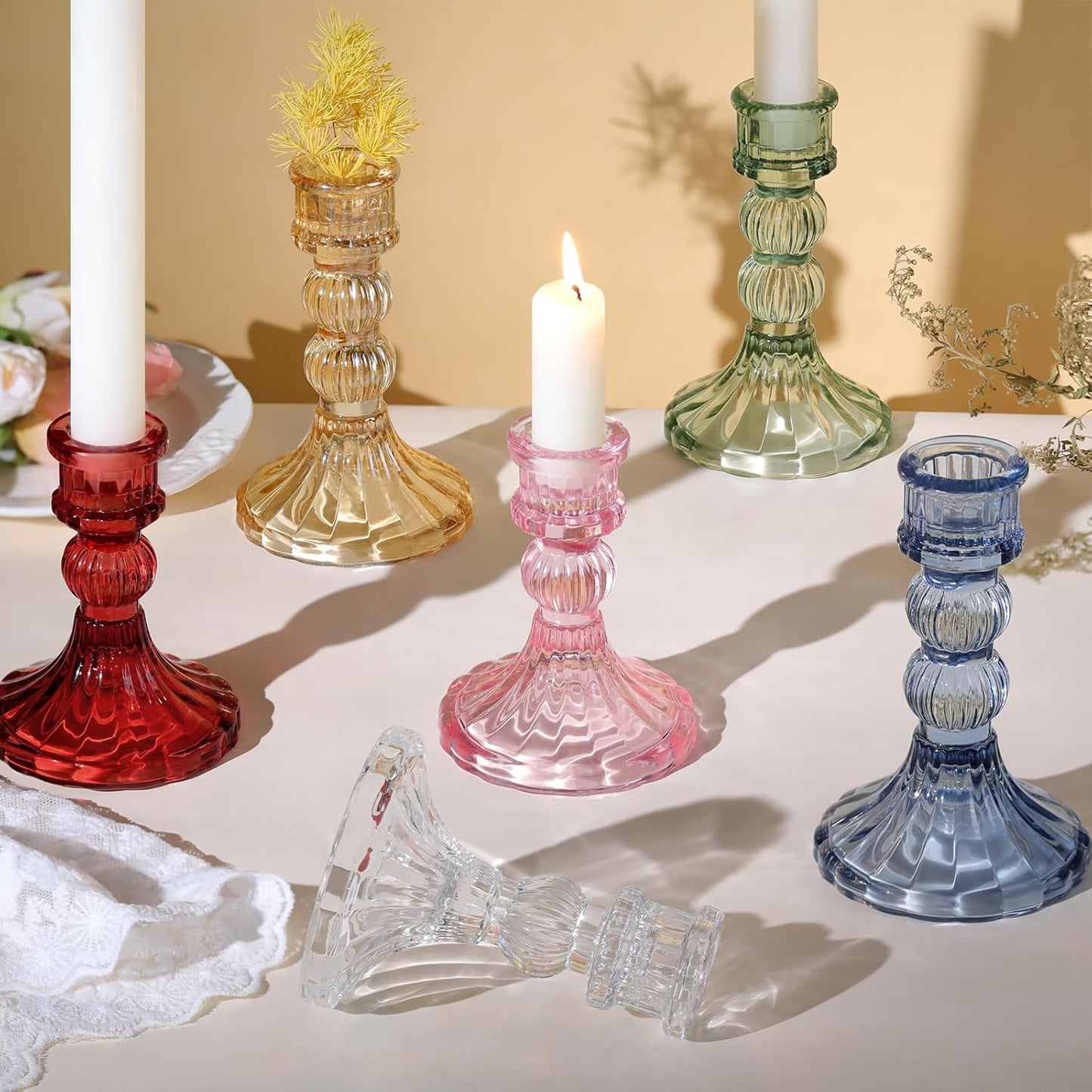 DARJEN 6Pcs Gold Candlestick Holders Set - 4" H & 5" H Striped Taper Candle Holders Bulk, Glass Candle Holders for Wedding, Festival, Party, Table Centerpiece, Gifts