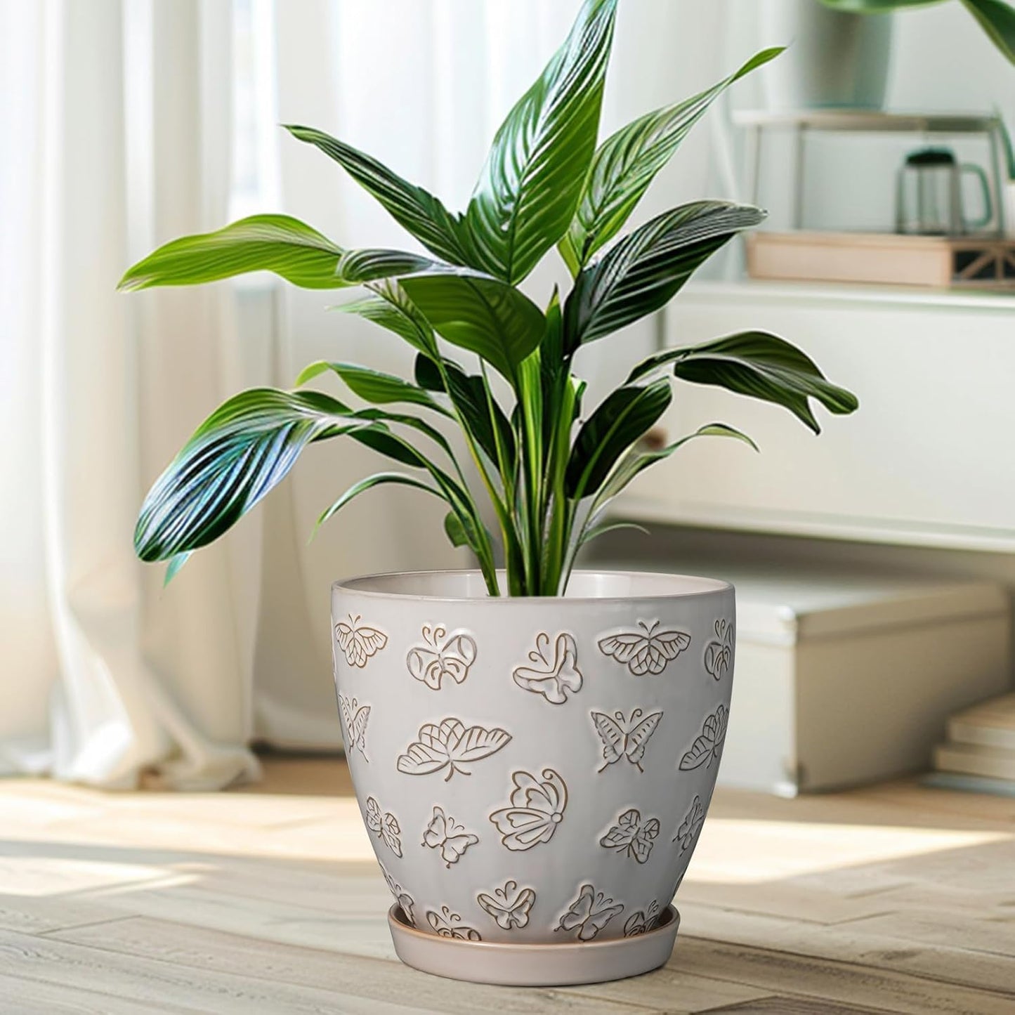 10 Inch Ceramic Planter Pot Round Plant Pot for Indoor Plants Outdoor Large Flower Pot with Drainage Hole and Saucer Blue