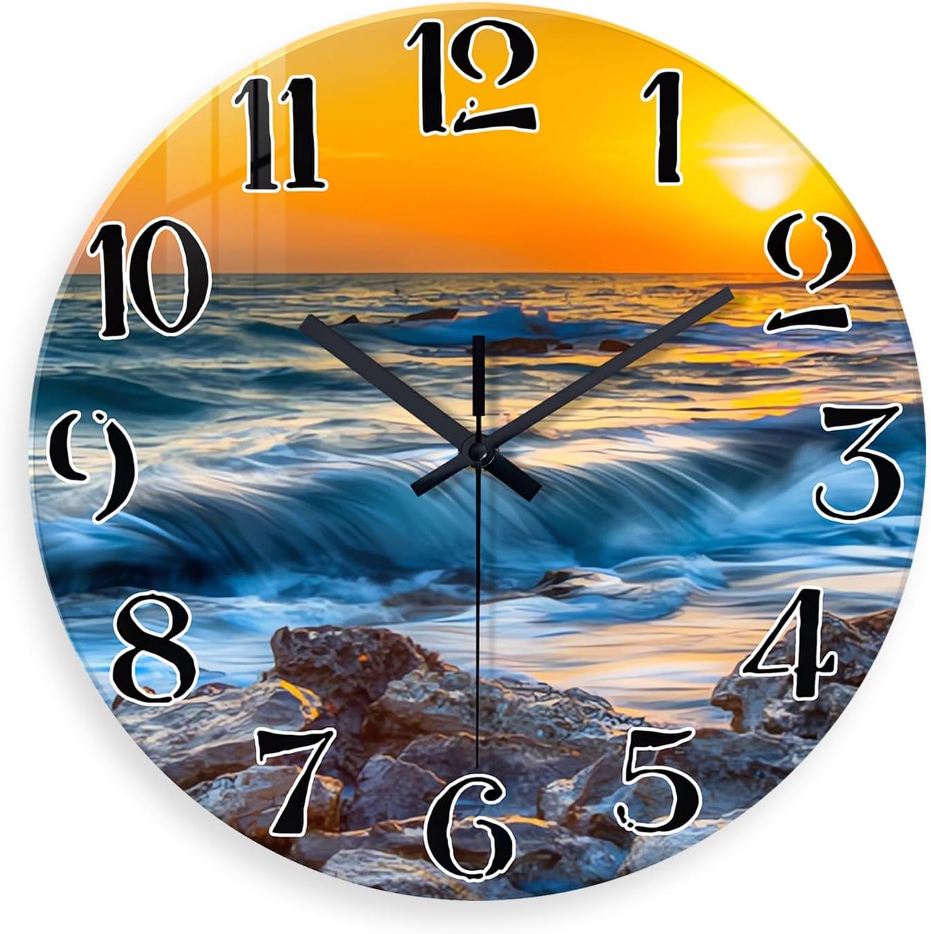 Beach Wall Clock Battery Operated 12 Inch Glass Wall Clock Non Ticking Analog Blue Wall Clocks for Bedroom Living Room Office Decor
