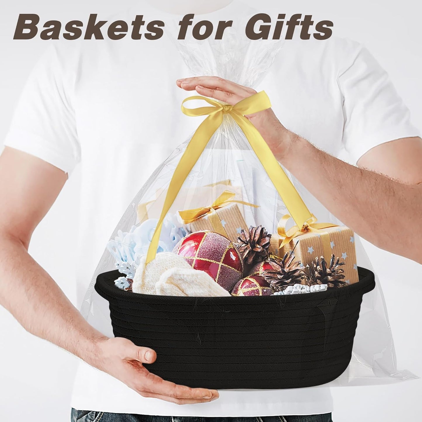 Pro Goleem Small Woven Basket with Gift Bags and Ribbons Durable Baskets for Mothers Day Gifts Empty Small Rope Basket for Storage 12"X 8" X 5" Baby Toy Baskets with Handles, White