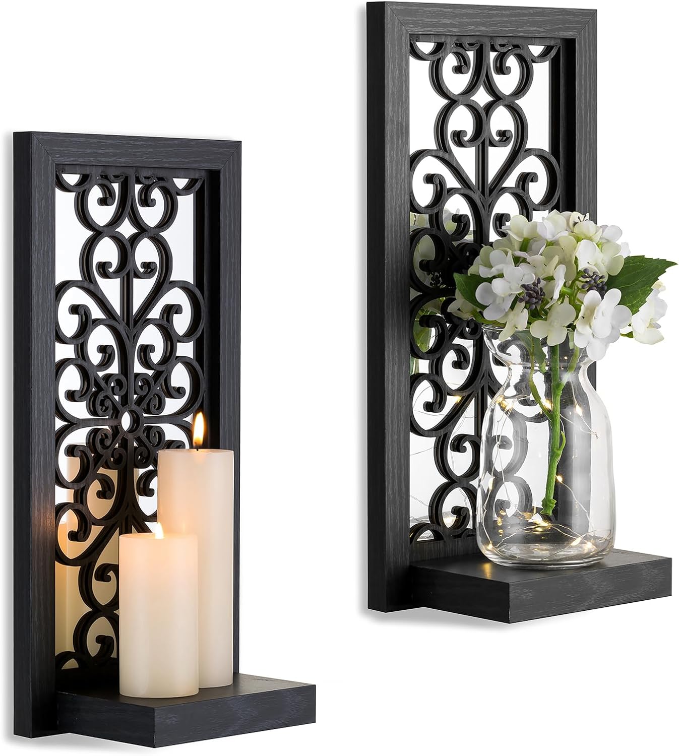 Farmhouse Wall Candle Holder Decor: Rustic Candle Sconces Set of Two for Pillar Candles - Brown Wooden Shelving for Fireplace Bathroom Hallway