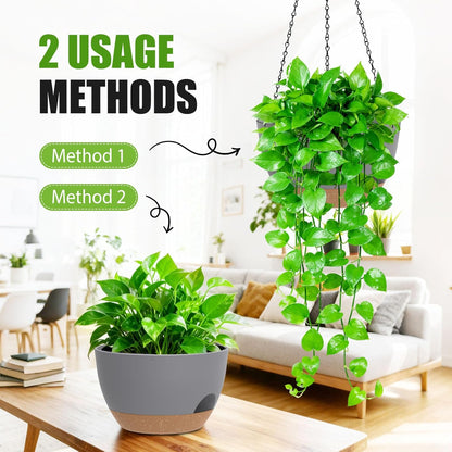 8 Inch Hanging Planters for Indoor Outdoor Plants, 4 Pack Black Plastic Self Watering Hanging Baskets with Drainage Holes and Chain for Garden Porch