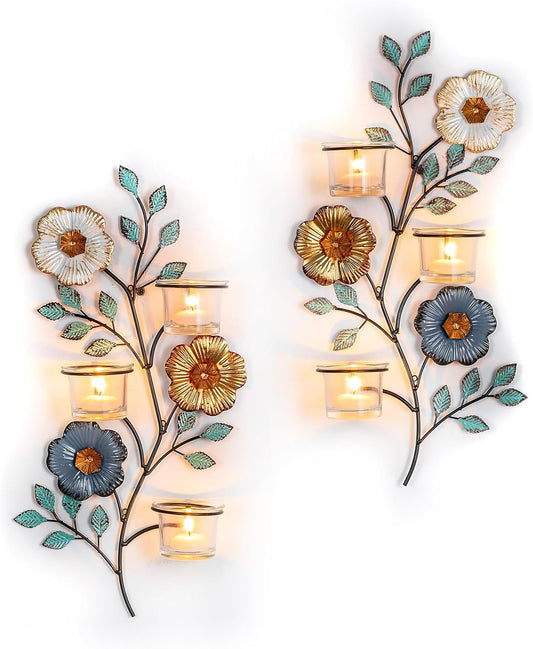 Sziqiqi Candle Sconces Wall Decor: Wall Candle Holder with 6 Glass Cups for Tealight - Colorful Metal Flower and Leaf Sconces for Living Room Bedroom