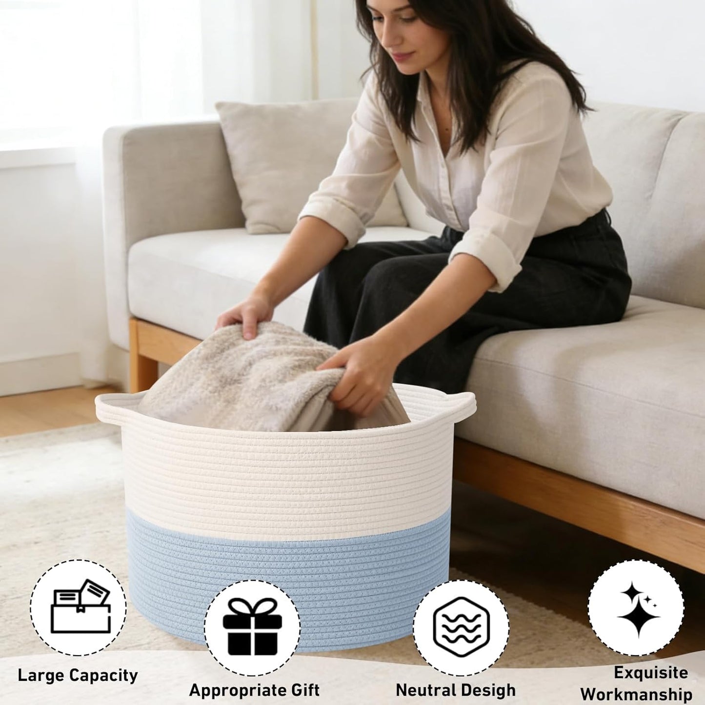 Large Woven Blanket Basket,65L Cotton Rope Laundry Basket Hamper with Handles, Decorative Nursery Basket Storage Bin for Toys, Clothes Organizer, Living Room, Bedroom, Bathroom, White & Brown