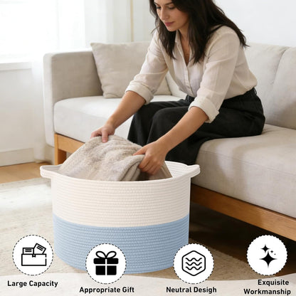 Large Woven Blanket Basket,65L Cotton Rope Laundry Basket Hamper with Handles, Decorative Nursery Basket Storage Bin for Toys, Clothes Organizer, Living Room, Bedroom, Bathroom, White & Brown