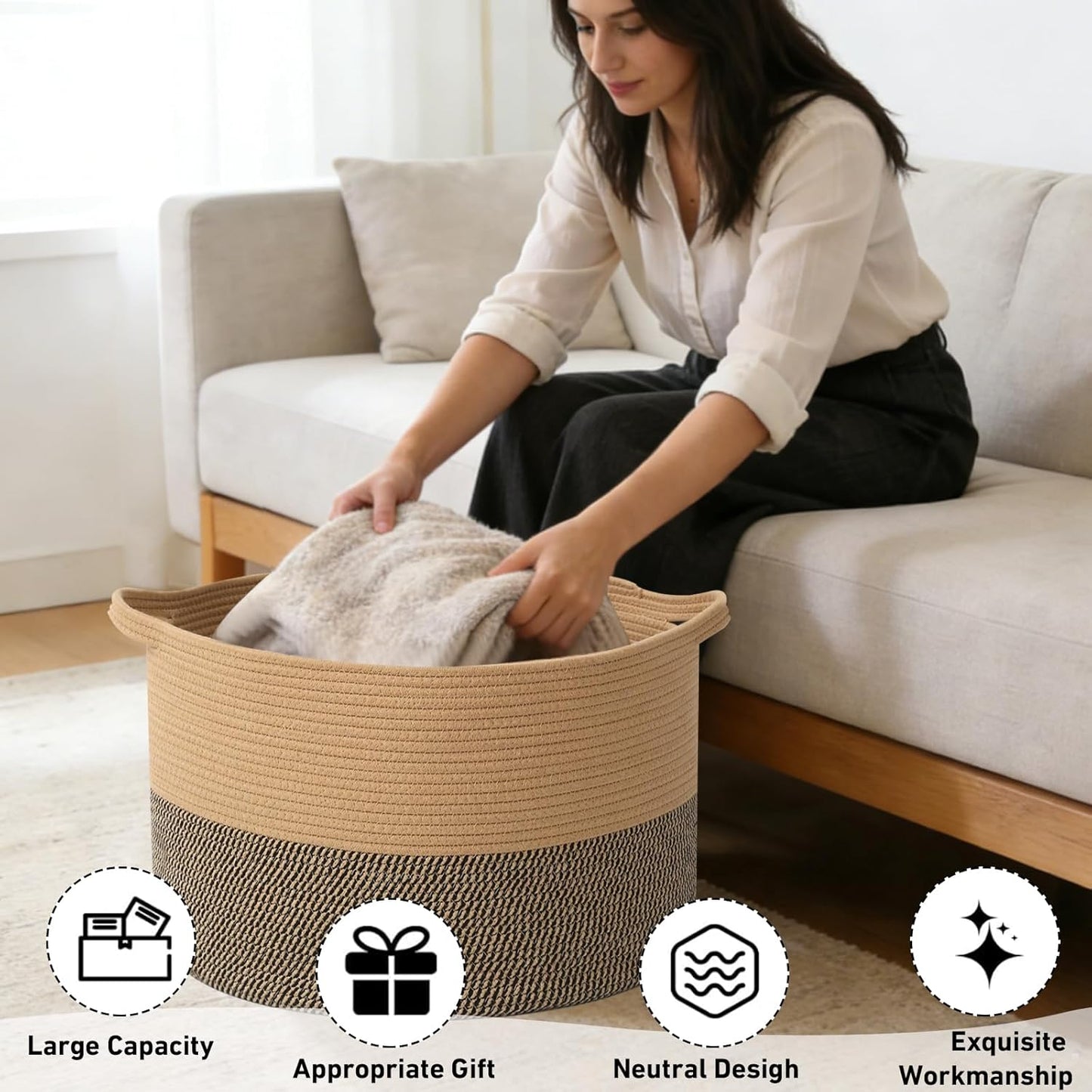 Large Woven Blanket Basket,65L Cotton Rope Laundry Basket Hamper with Handles, Decorative Nursery Basket Storage Bin for Toys, Clothes Organizer, Living Room, Bedroom, Bathroom, White & Brown