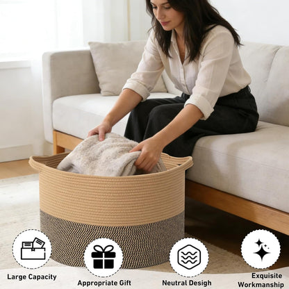 Large Woven Blanket Basket,65L Cotton Rope Laundry Basket Hamper with Handles, Decorative Nursery Basket Storage Bin for Toys, Clothes Organizer, Living Room, Bedroom, Bathroom, White & Brown
