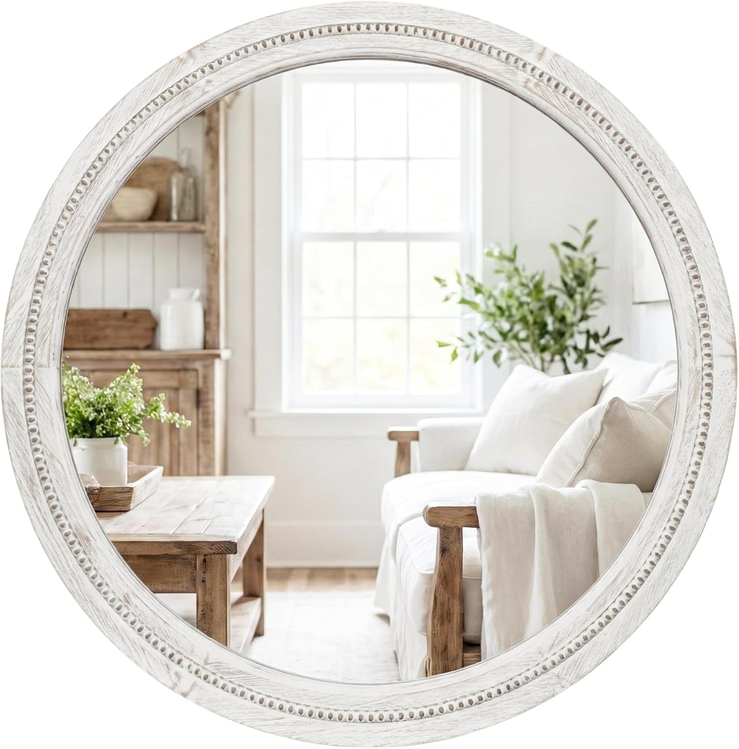 30" Round Solid Wood Mirror for Bathroom Vanity, Handcrafted Beaded Circle Wall Mirror - Natural Boho Farmhouse Decor for Entryway & Bedroom