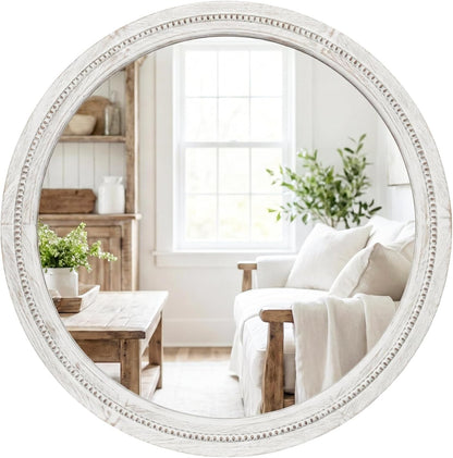 30" Round Solid Wood Mirror for Bathroom Vanity, Handcrafted Beaded Circle Wall Mirror - Natural Boho Farmhouse Decor for Entryway & Bedroom