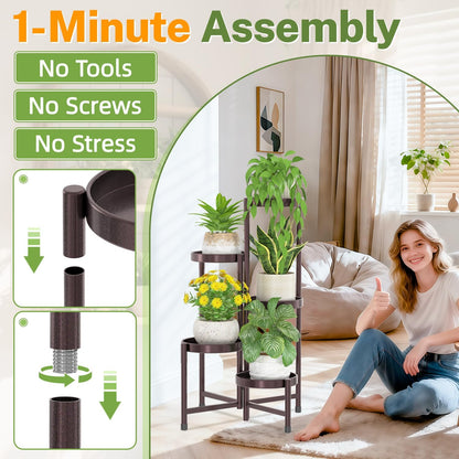 iDavosic.ly Plant Stand Indoor Outdoor, 5 Tier Corner Metal Flower Display Holder Shelf, Folding Tall Orchid Rack for Patio Balcony Porch Garden Living Room House, Black