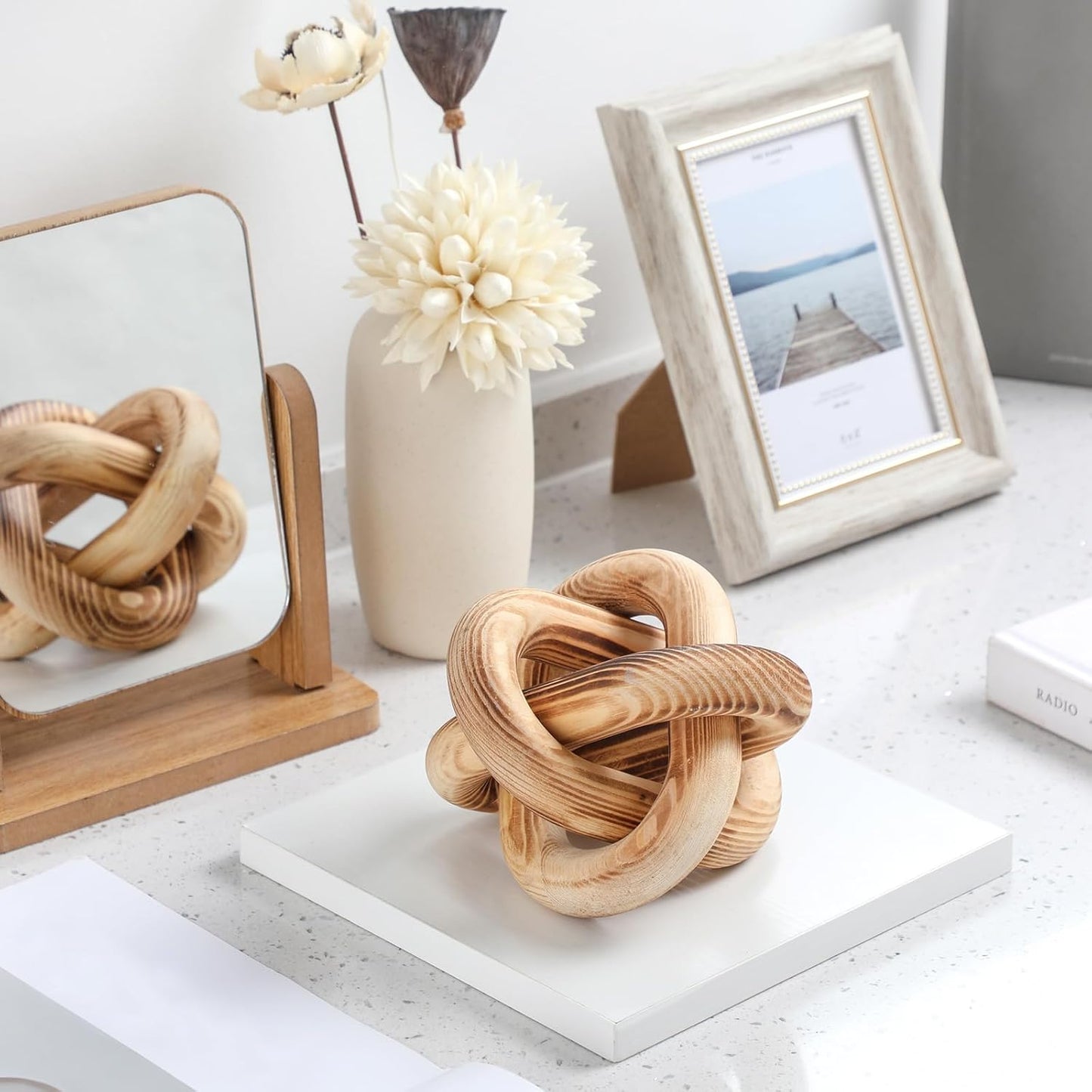 Yalikop 3 Link Wood Knot Decor Rustic Home Décor Accents Hand Carved Coffee Table Decoration, Boho Chain Link Decoration, Modern Shelf, Rustic Objects for Home Living Room Bedroom(White)