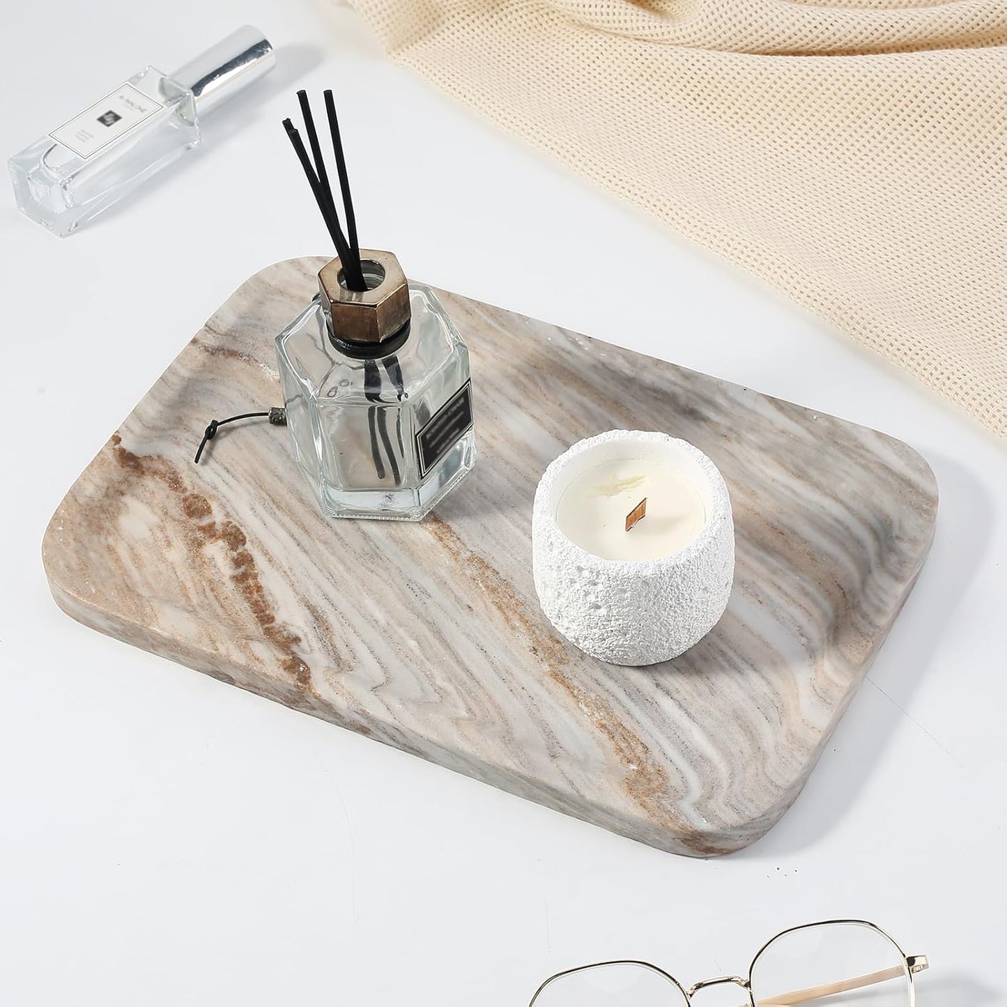 Koville Romano Travertine Tray, 12"x8" Natural Stone Vanity Tray for Countertop Bathroom Kitchen Dresser, Decorative Marble Catchall Trays for Perfume Jewelry, Rectangular Serving Tray(Beige)
