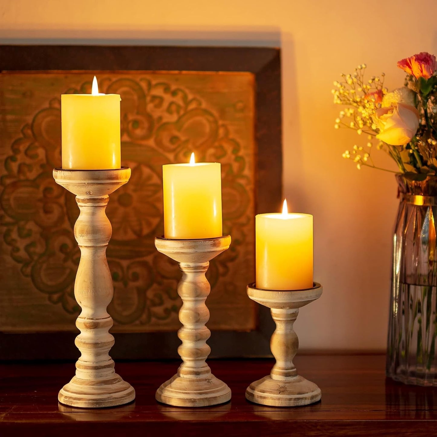 Wood Pillar Candle Holder: 3Pcs Rustic White Candle Holders for Pillar Candles Wood Candle Holders Distressed Wooden Farmhouse Candle Holder Large Rustic Candle Holder for Fireplace Table