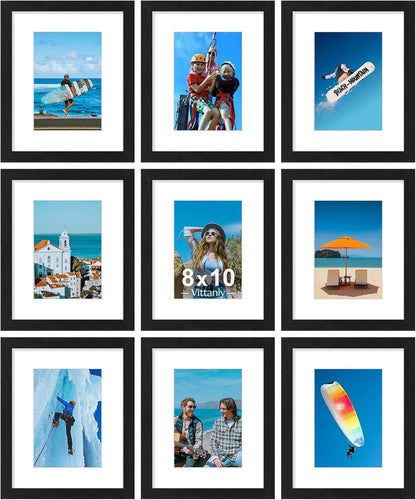 Vittanly 8x10 Picture Frames Set of 9, Shatter Resistant Plexiglass, Display 5x7 Pictures with Mat or 8x10 without Mat, Photo Frames for Wall or Tabletop, Engineered Wood, Black - Colors A