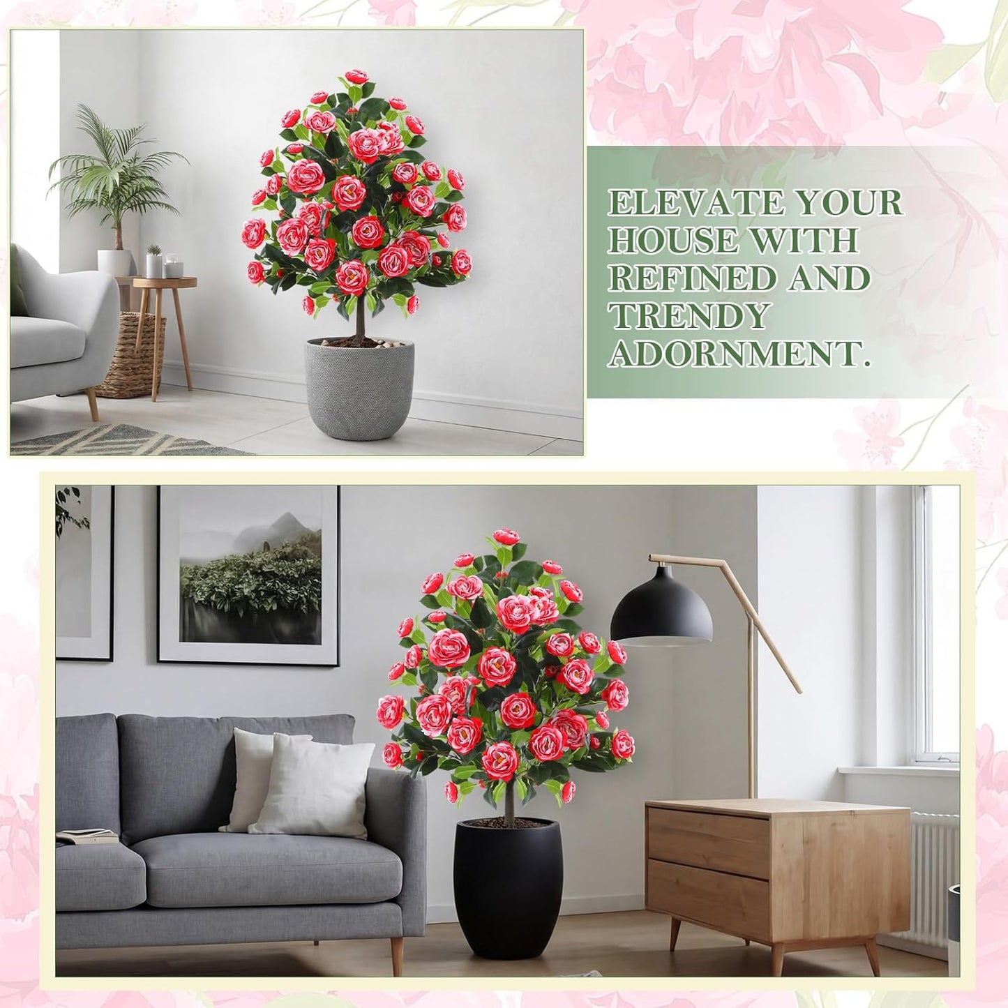 Lunmon 2 Pack 3ft Artificial Camellia Plants Tree 36" Faux Camellia Flower with Spike UV Resistant Realistic Fake Floral Blooming Bush for Indoor Outdoor Front Door Porch Backyard Garden, Purple