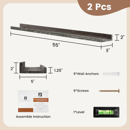 FLYJOE Picture Ledge Shelf, Floating Shelves Set of 2, Solid Pine Wood 55'' Long Large Nursery Book Shelves for Toys Storage, Kids Bookshelf for Living Room Bedroom Decor Books Photo Frames, Walnut