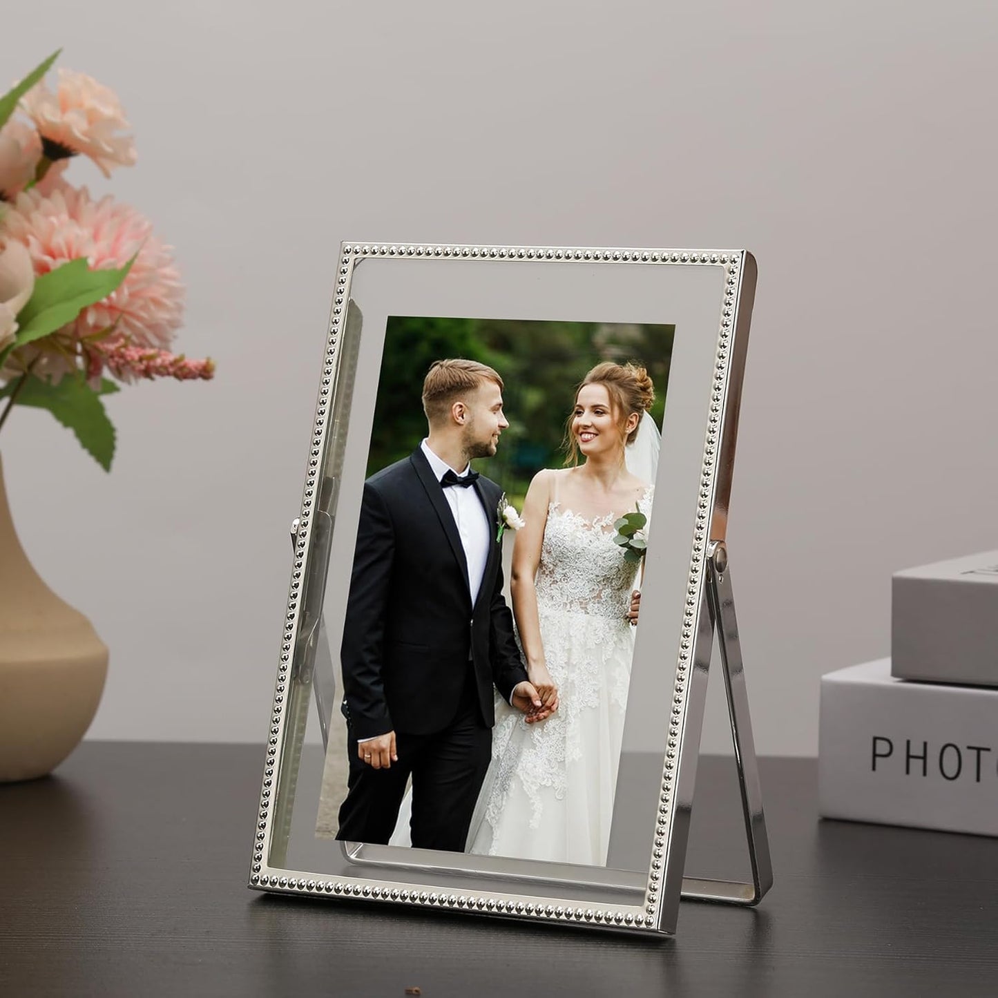 Gold 6x8'' Floating Photo Frame 2 Pack, Beaded Metal Frame Fits 3.5x5'', 4x6'' & 5x7'' Pictures, Adjustable Tabletop & Shelf Display, Elegant Wedding Gift for Home Decor
