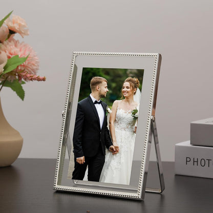 Gold 6x8'' Floating Photo Frame 2 Pack, Beaded Metal Frame Fits 3.5x5'', 4x6'' & 5x7'' Pictures, Adjustable Tabletop & Shelf Display, Elegant Wedding Gift for Home Decor