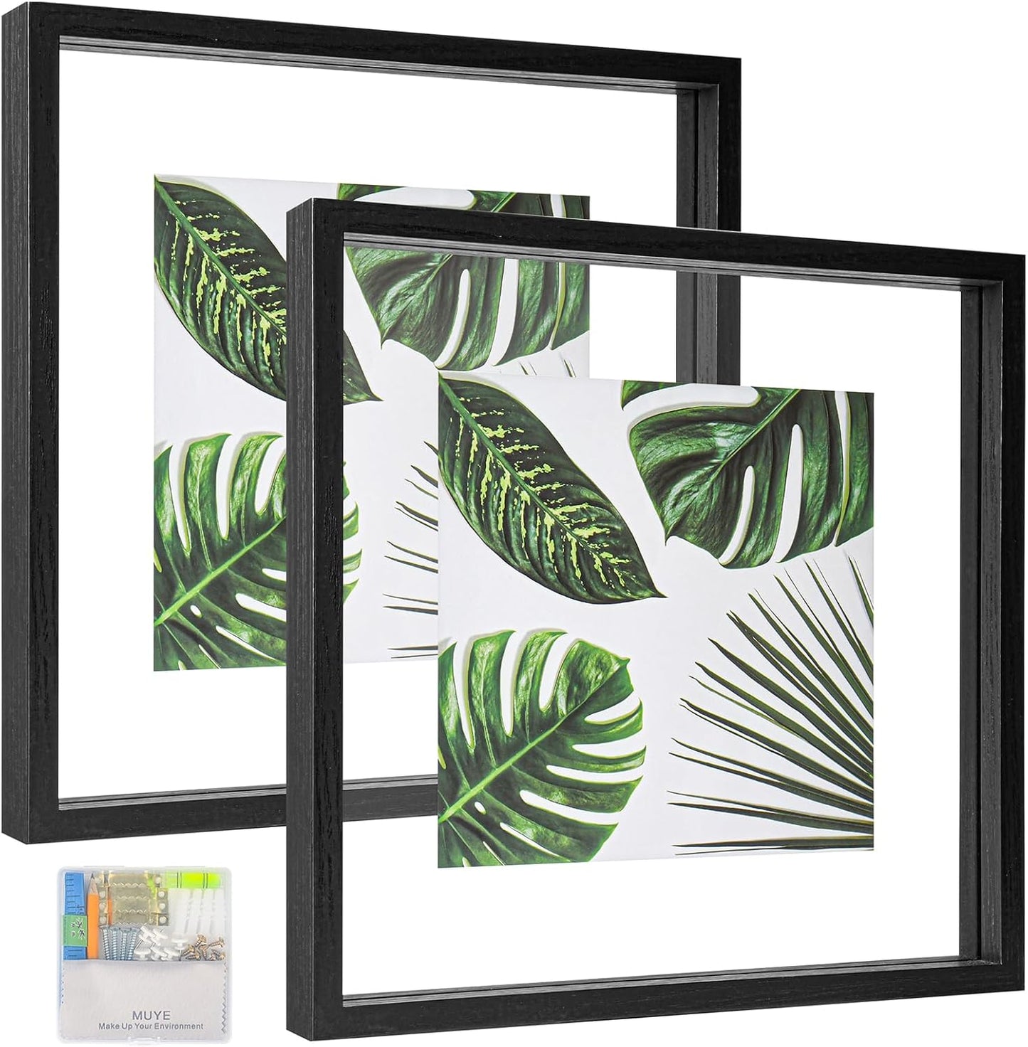 MUYE 11x14 Floating Frame Set of 2,Double Glass Rustic Frame,Display Any Size Photo up to 11x14,Wall Mount or Tabletop Standing,Natural