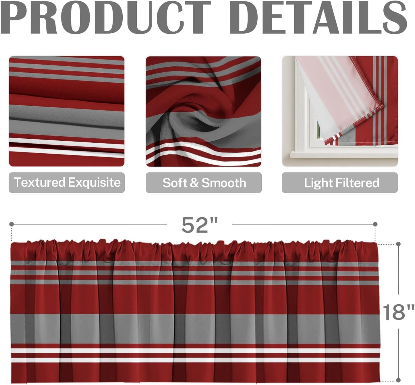 Emvency 2 Pack Dark Grey Valances Window Treatments, Gray Striped Abstract Blackout Drapes Adjustable Curtain for Windows Living Room Kitchen Over Sink, 52x18 Inch Rod Pocket Valances